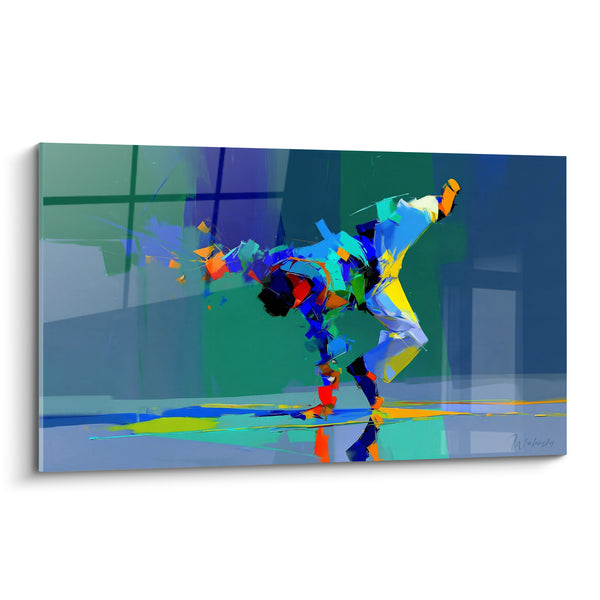 Tableau Danseur bleu et jaune près d'une verrière fragmentée - Reflet miroité au sol - Edition Breakdance