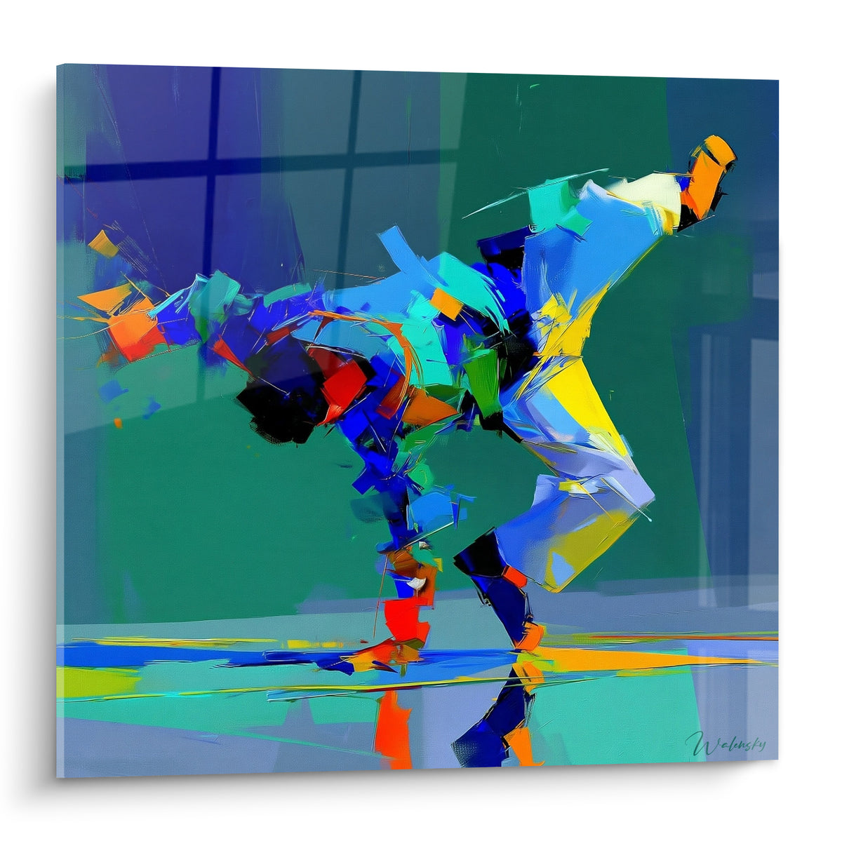 Danseur breakdance en appui, touches bleu marine et orange fauve façon fauvisme