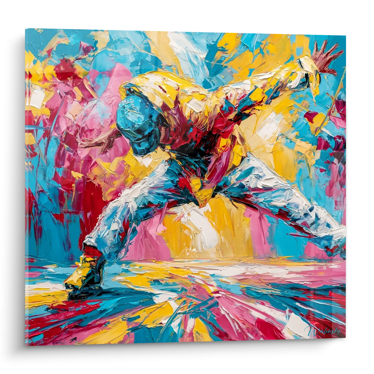 Danseur en casquette bleue saisi en pleine figure acrobatique, jaune et rose éclatants, matière au couteau