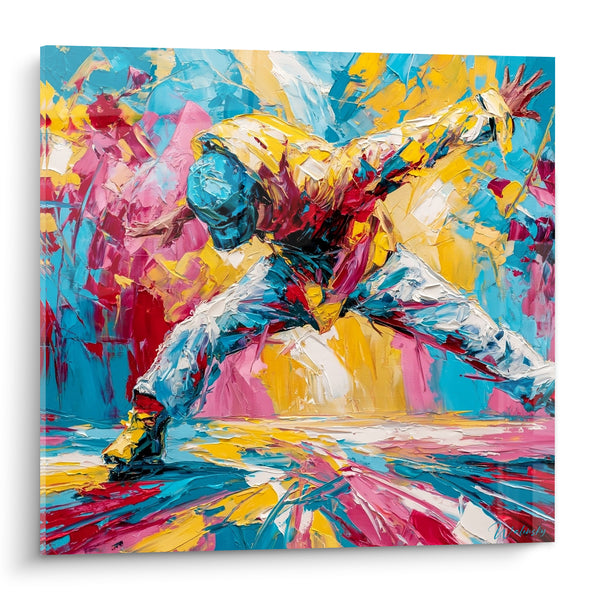 Tableau Danseur casquette turquoise et jaune vif écarté - Sol reflétant les couleurs - Edition Breakdance