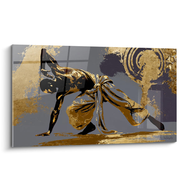 Tableau Danseur doré et noir près d'une rosace en spirale - Fenêtre grise en arrière-plan - Edition Breakdance