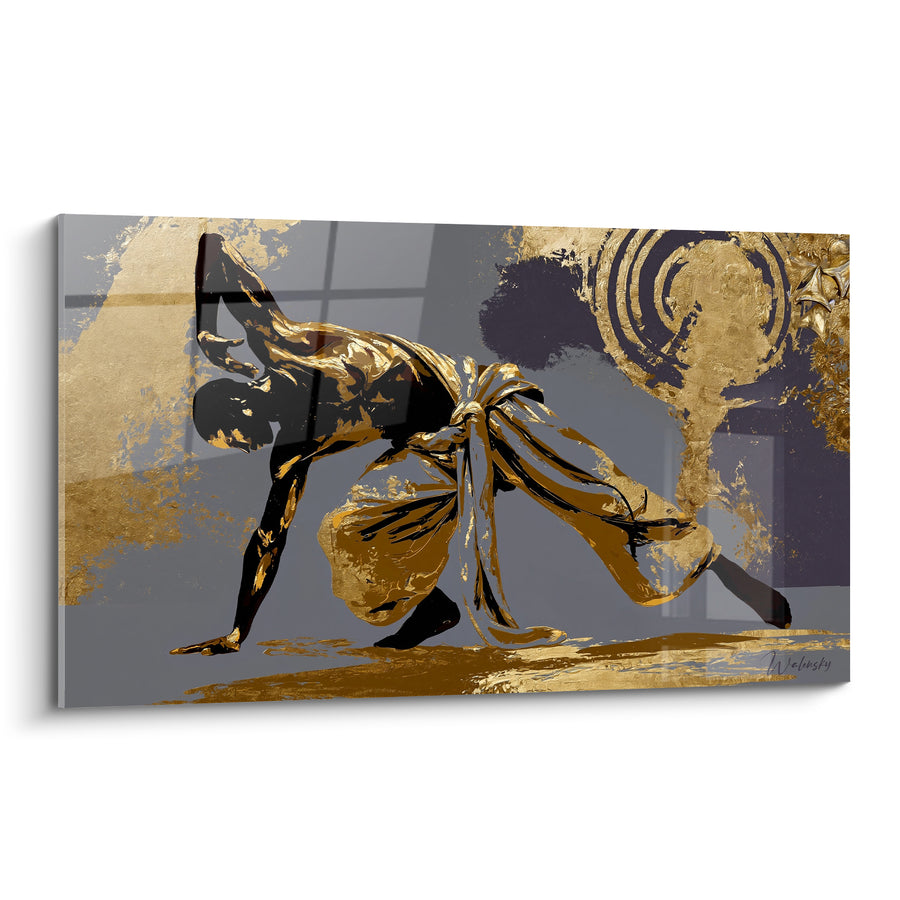 Tableau Danseur doré et noir près d'une rosace en spirale - Fenêtre grise en arrière-plan - Edition Breakdance