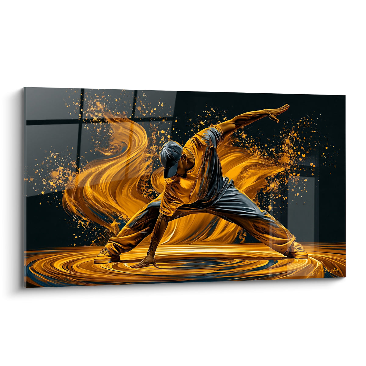 Danseur breakdance doré et anthracite figé en pleine figure, mouvement fluide sur fond sombre