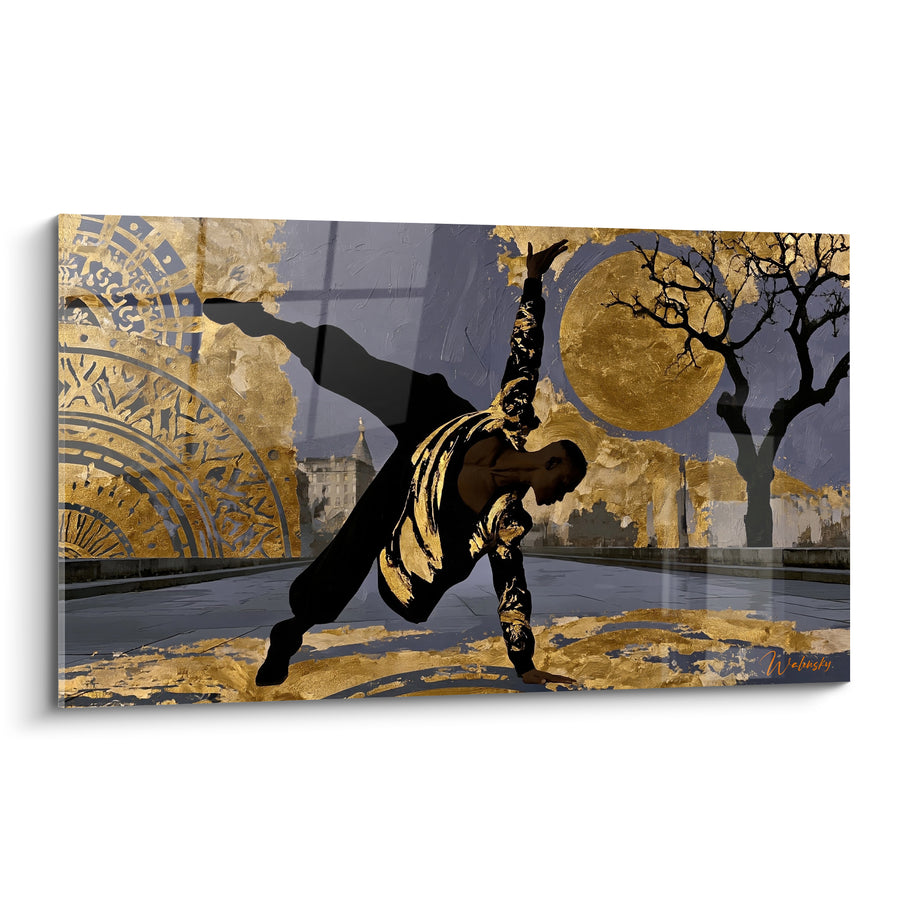 Tableau Danseur noir et doré près d'un arbre nu - Rosace ornementale gravée - Edition Breakdance