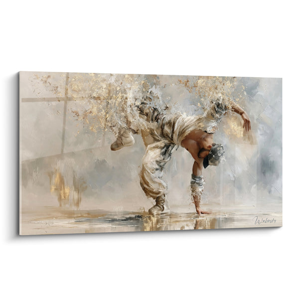 Tableau Danseur beige et doré en appui - Suspension gestuelle - Edition Breakdance