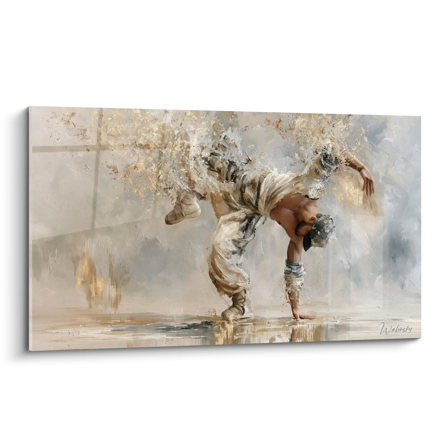 Tableau Danseur beige et doré en appui - Suspension gestuelle - Edition Breakdance