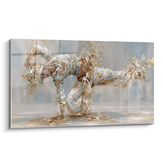 Tableau Danseur blanc et doré jambe tendue en éclats - Texture craquelée dorée - Edition Breakdance