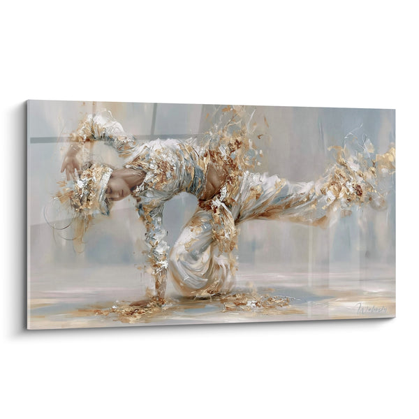 Tableau Danseur blanc et doré jambe tendue en éclats - Texture craquelée dorée - Edition Breakdance