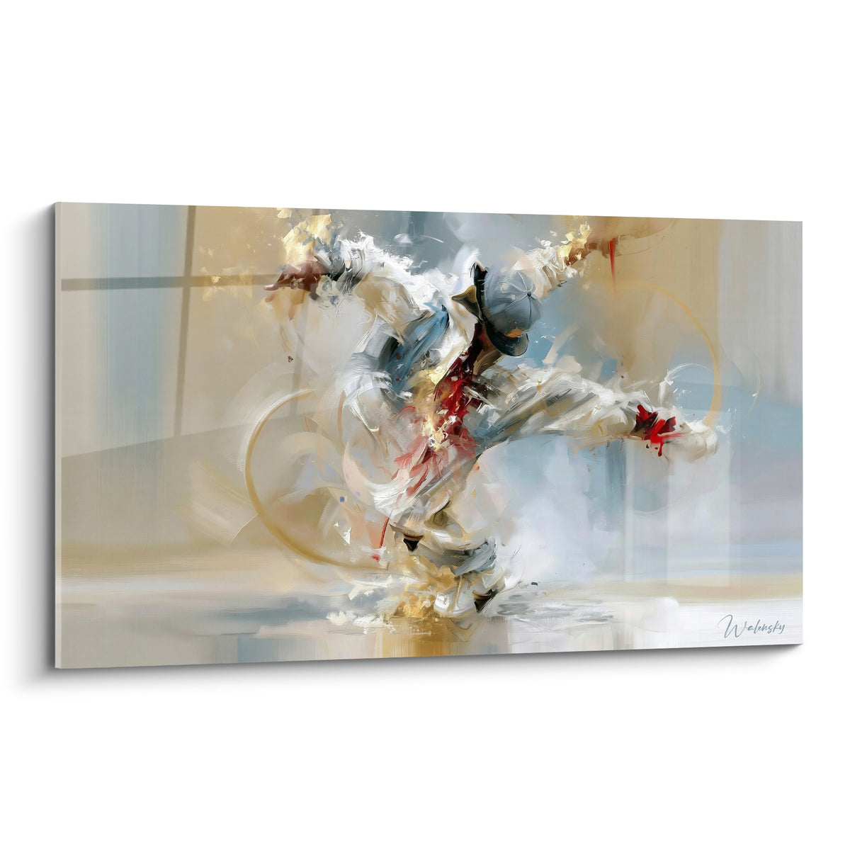 Danseur Breakdance figé en appui, teintes beige et bleu pastel, éclats dorés et touche rouge