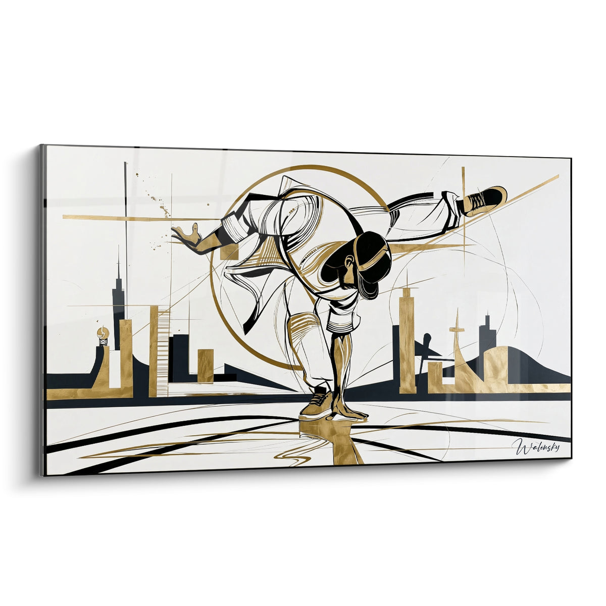 Danseur Breakdance doré en équilibre sur une main, silhouette noire et or sur fond blanc
