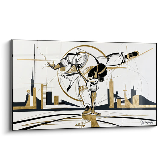 Tableau Danseur doré et noir jambe horizontale figée - Cercle géométrique en arrière-plan - Edition Breakdance