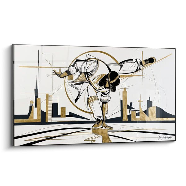 Tableau Danseur doré et noir jambe horizontale figée - Cercle géométrique en arrière-plan - Edition Breakdance