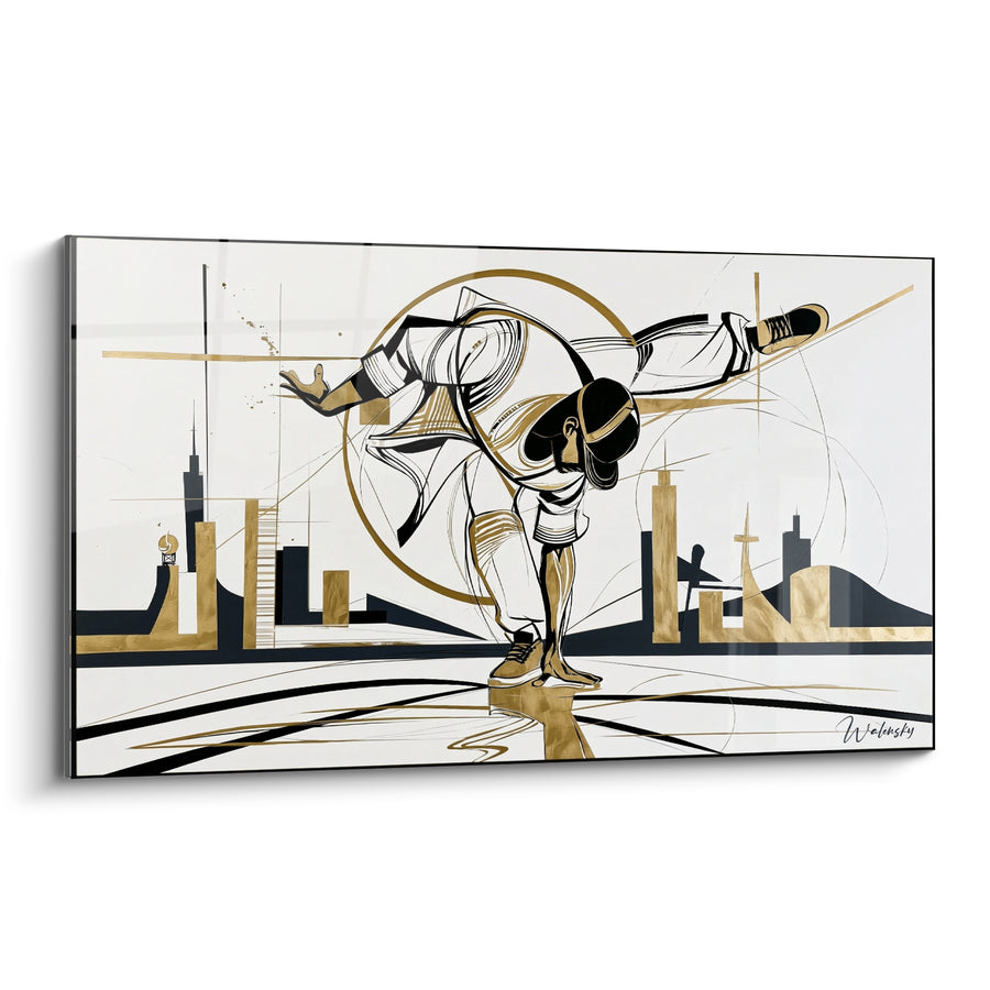 Tableau Danseur doré et noir jambe horizontale figée - Cercle géométrique en arrière-plan - Edition Breakdance