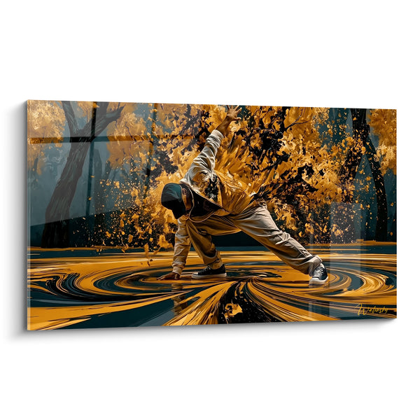 Tableau Danseur doré et anthracite parmi les feuillages tourbillonnants - Sol en spirale peinte - Edition Breakdance