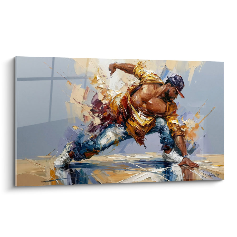 Tableau Danseur torse nu jaune et bleu accroupi - Fenêtre vitrée en arrière-plan - Edition Breakdance