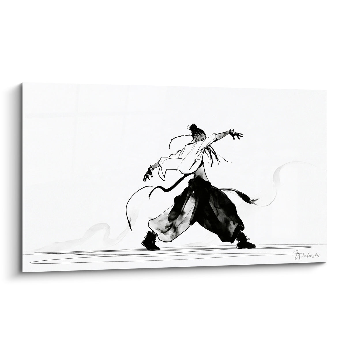 Danseur breakdance noir et blanc en fente dynamique sur toile à l'encre