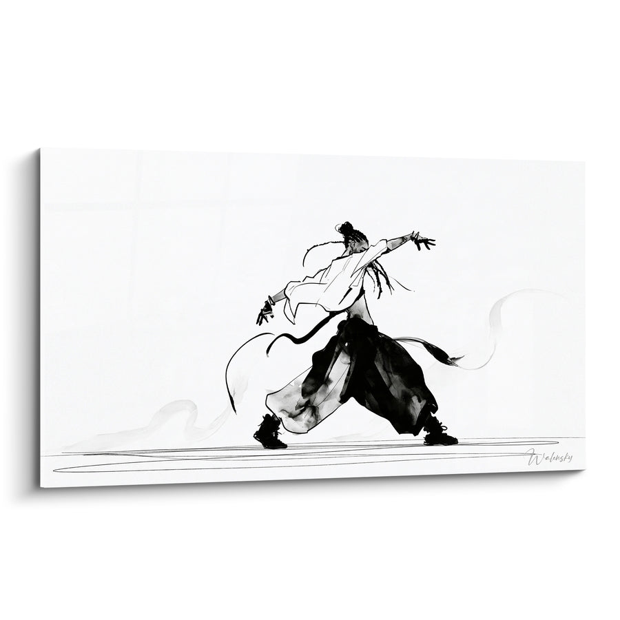 Tableau Danseur noir et blanc aux dreadlocks flottants - Rubans d'encre envolés - Edition Breakdance