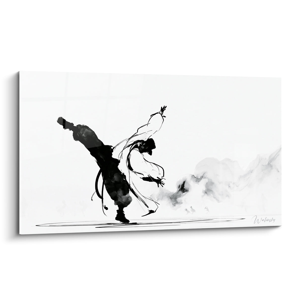 Danseur breakdance en noir profond suspendu sur fond blanc, encre et mouvement dynamique