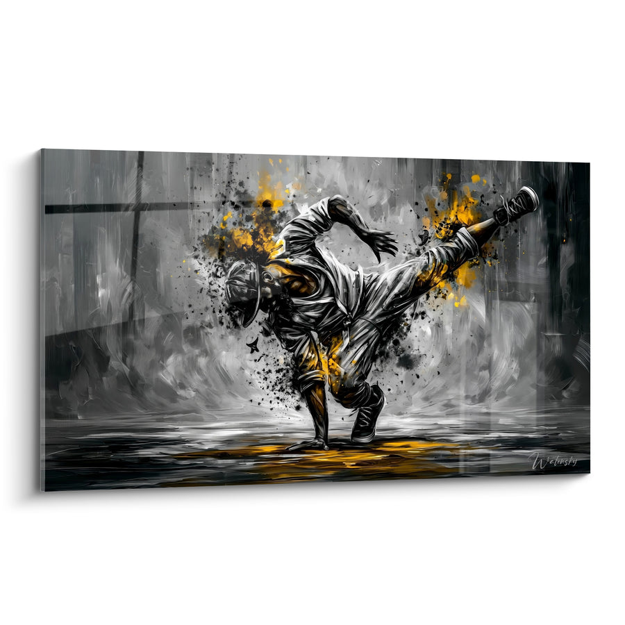 Tableau Danseur noir et jaune en appui monobras - Étoile gravée au sol - Edition Breakdance