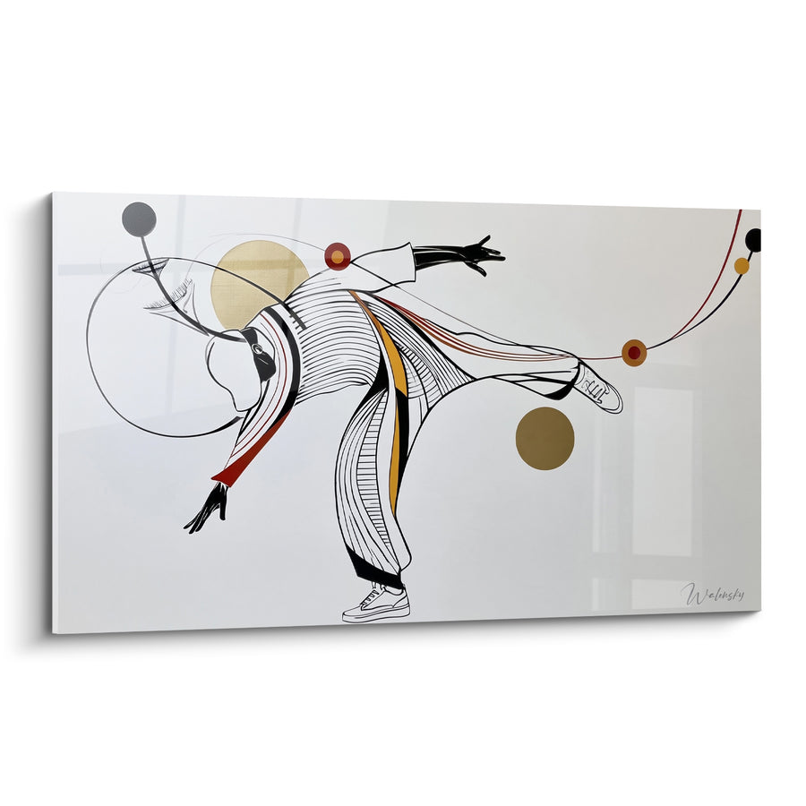 Tableau Danseur blanc et noir aux bulles dorées suspendues - Ligne courbe filiforme - Edition Breakdance