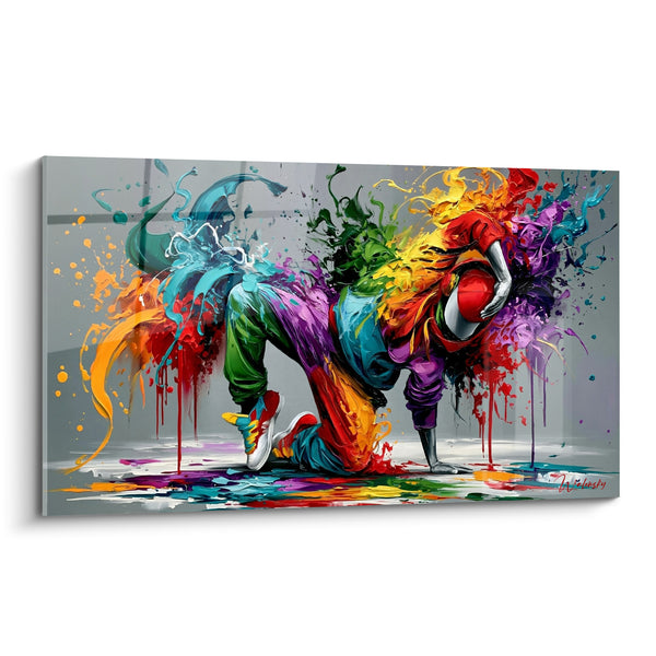 Tableau Danseur tourbillon rouge et turquoise éclaboussé - Explosion de mouvement - Edition Breakdance