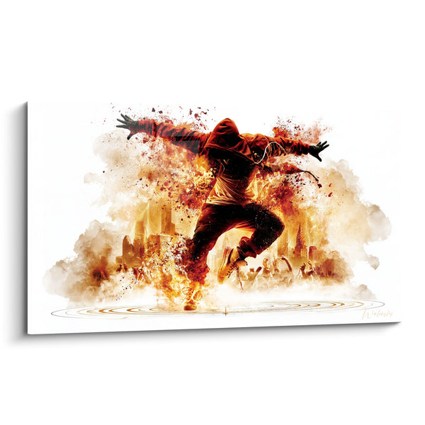 Tableau Danseur capuche rouge et orange survolant la ville - Foule en liesse - Edition Breakdance