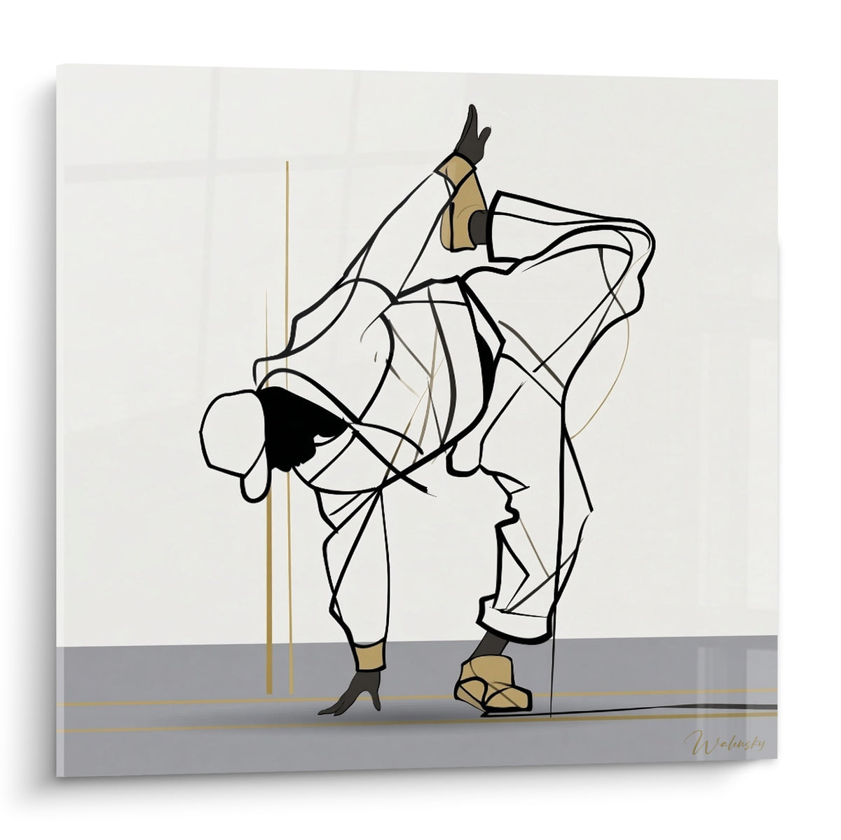 Danseur breakdance en freeze acrobatique, lignes noires et dorées sur fond blanc cassé