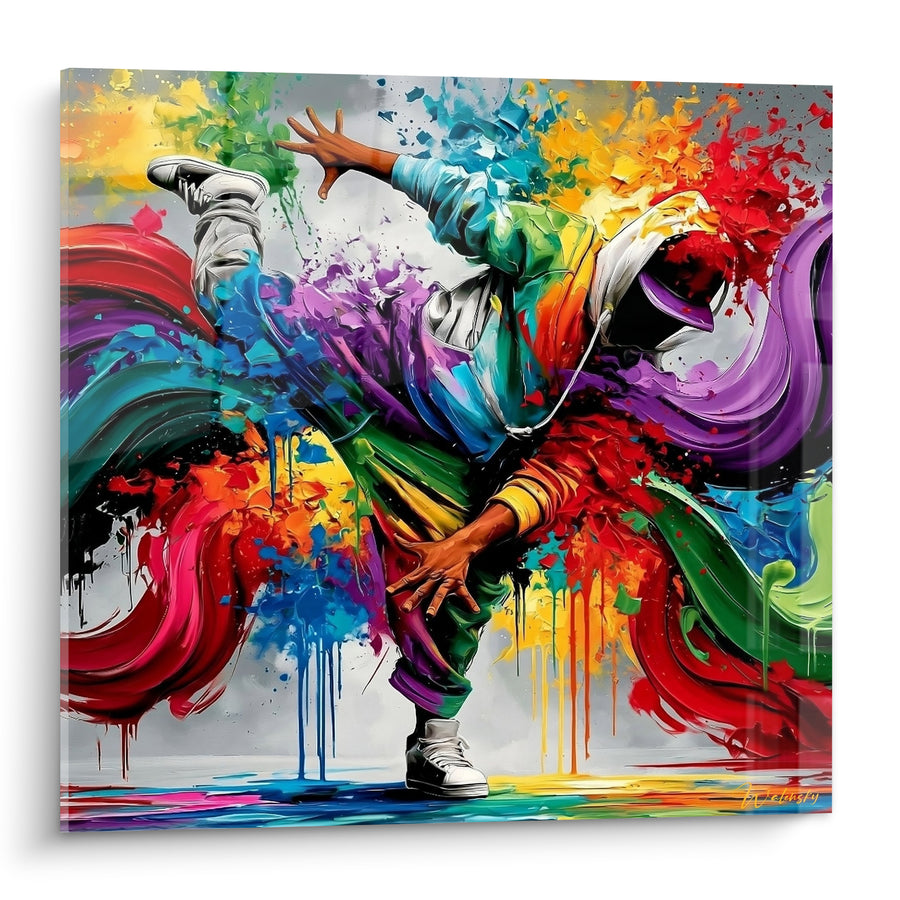 Tableau Danseur violet et vert aux baskets blanches - Coulures multicolores tourbillonnantes - Edition Breakdance