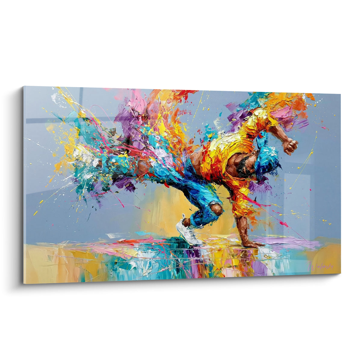 Danseur breakdance en appui sur la main, éclats jaunes et bleu turquoise sur fond gris