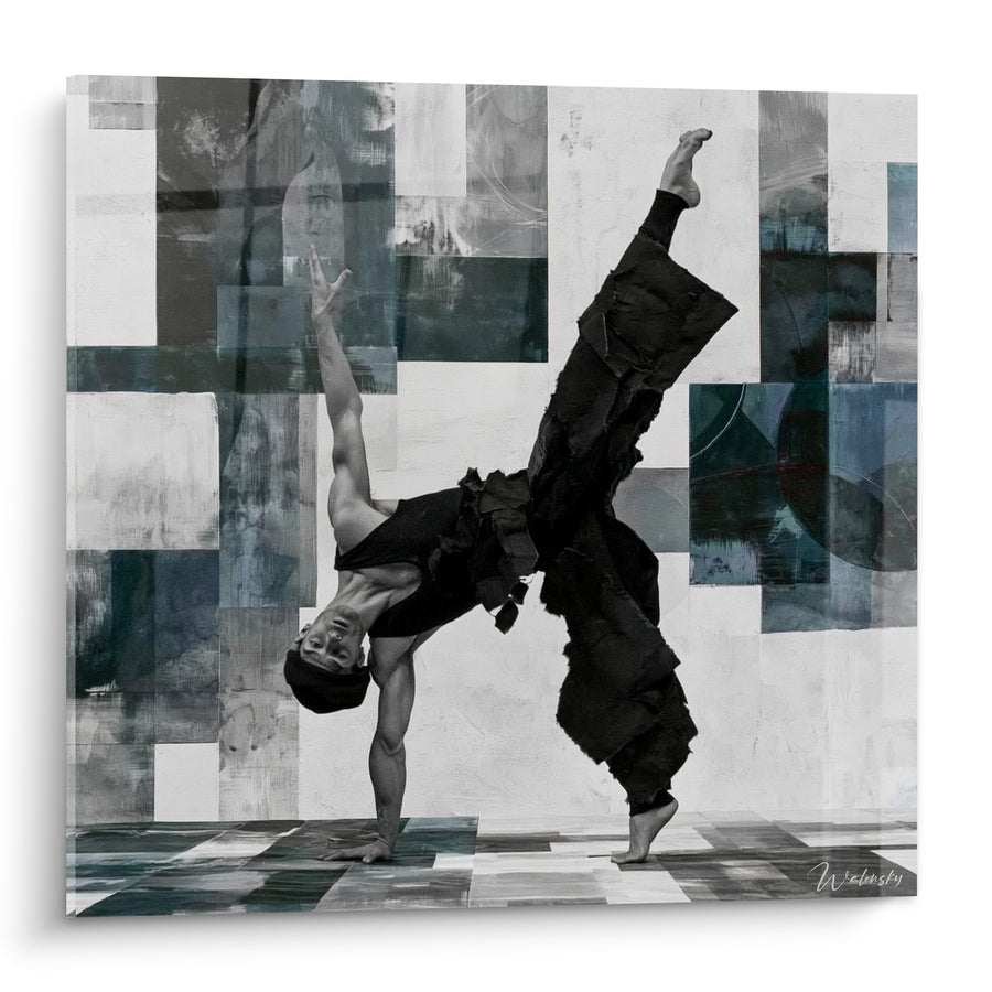 Tableau Danseur noir et gris pantalon texturé - Mur en damier géométrique - Edition Breakdance