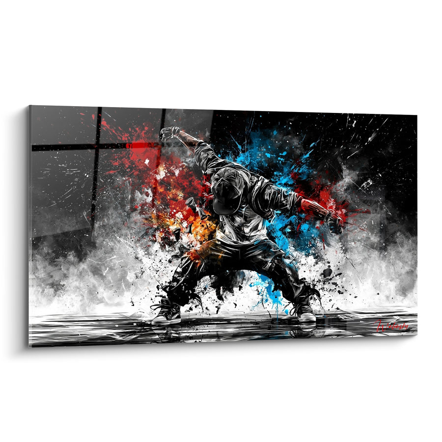 Tableau Danseur casquette noire poing tendu vers le ciel - Reflet au sol mouillé - Edition Breakdance