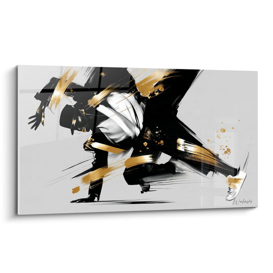 Tableau Danseur noir et blanc aux bandes dorées - Main tendue vers le sol - Edition Breakdance