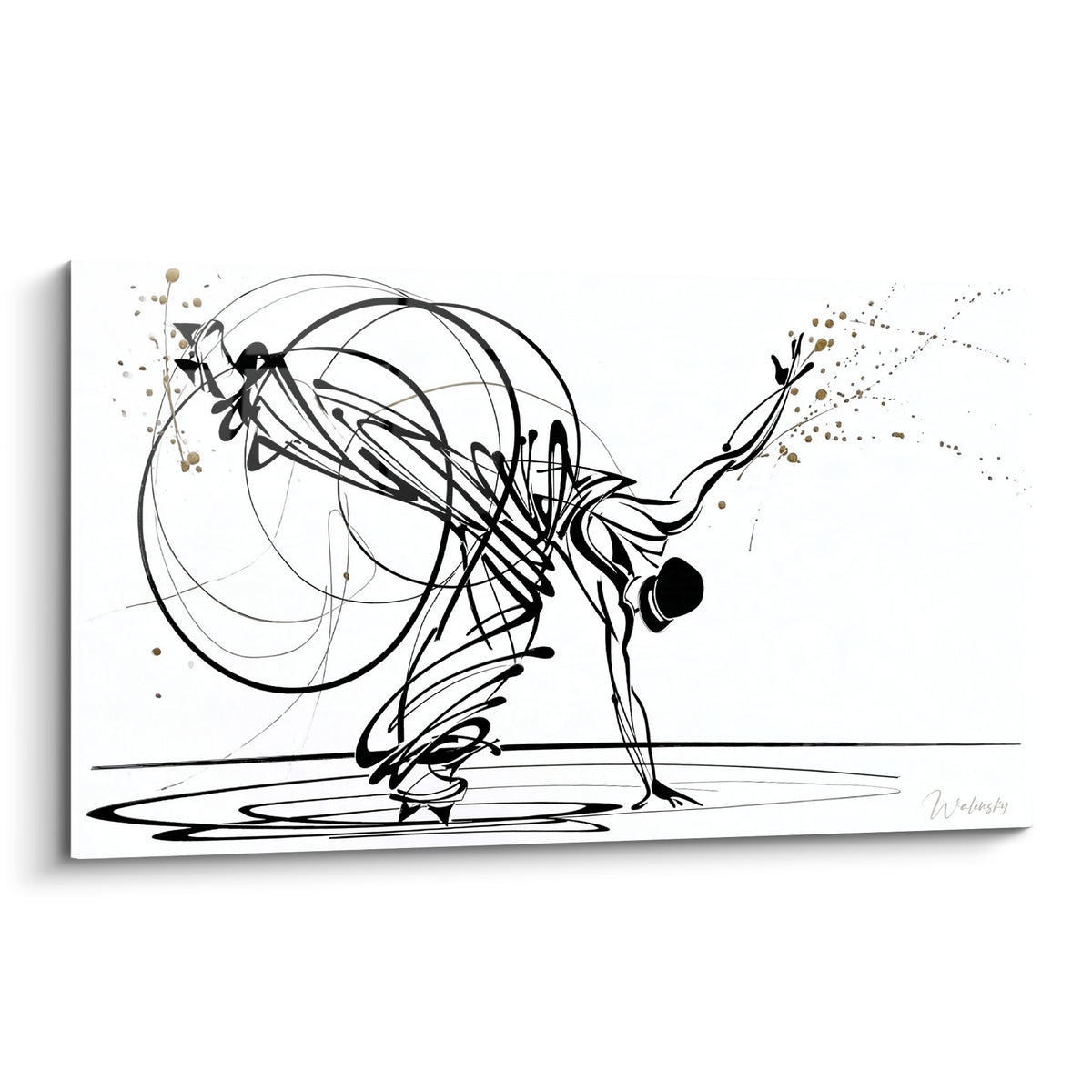 Danseur breakdance en noir dessiné en pleine figure au sol, éclats dorés, fond blanc épuré