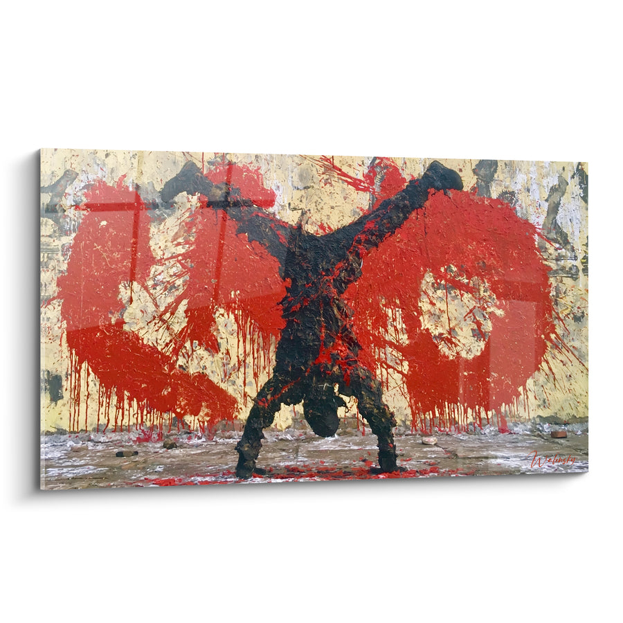 Tableau Danseur noir et rouge en appui renversé - Traces au sol pavé - Edition Breakdance