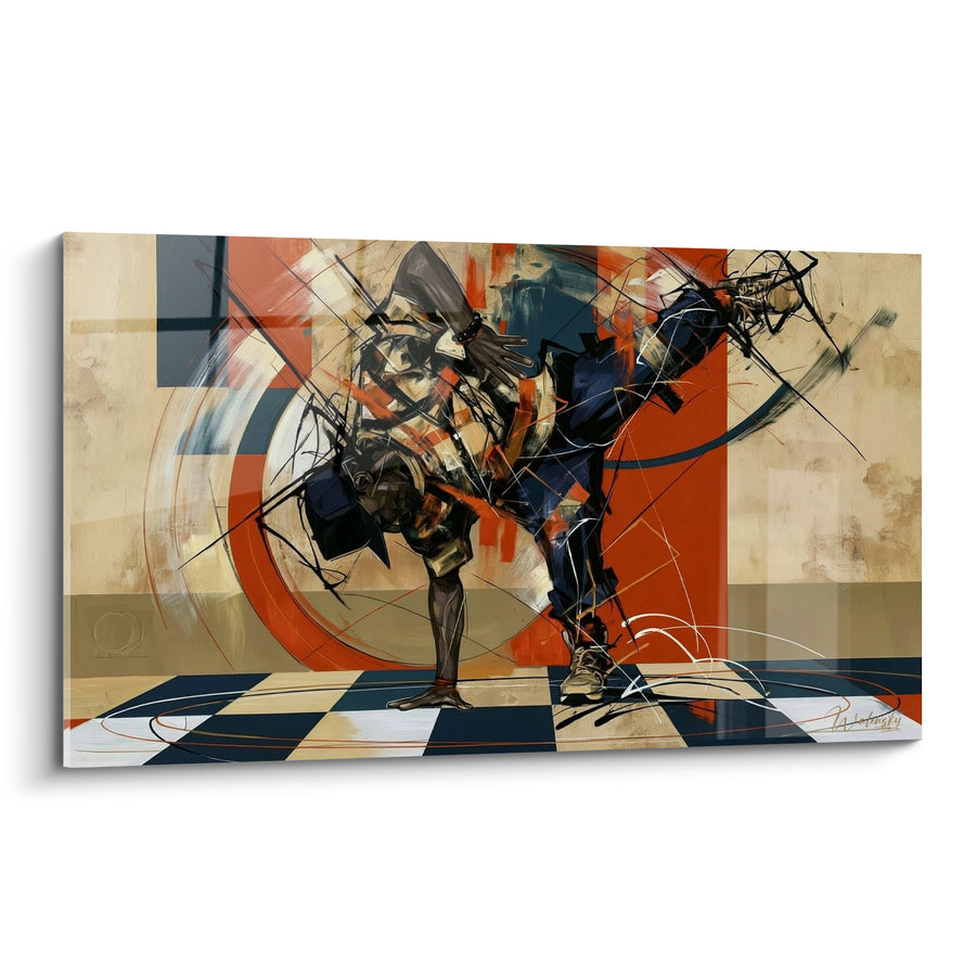 Tableau Danseur bleu marine et ocre en équilibre d'une main - Cercle rouge en arrière-plan - Edition Breakdance