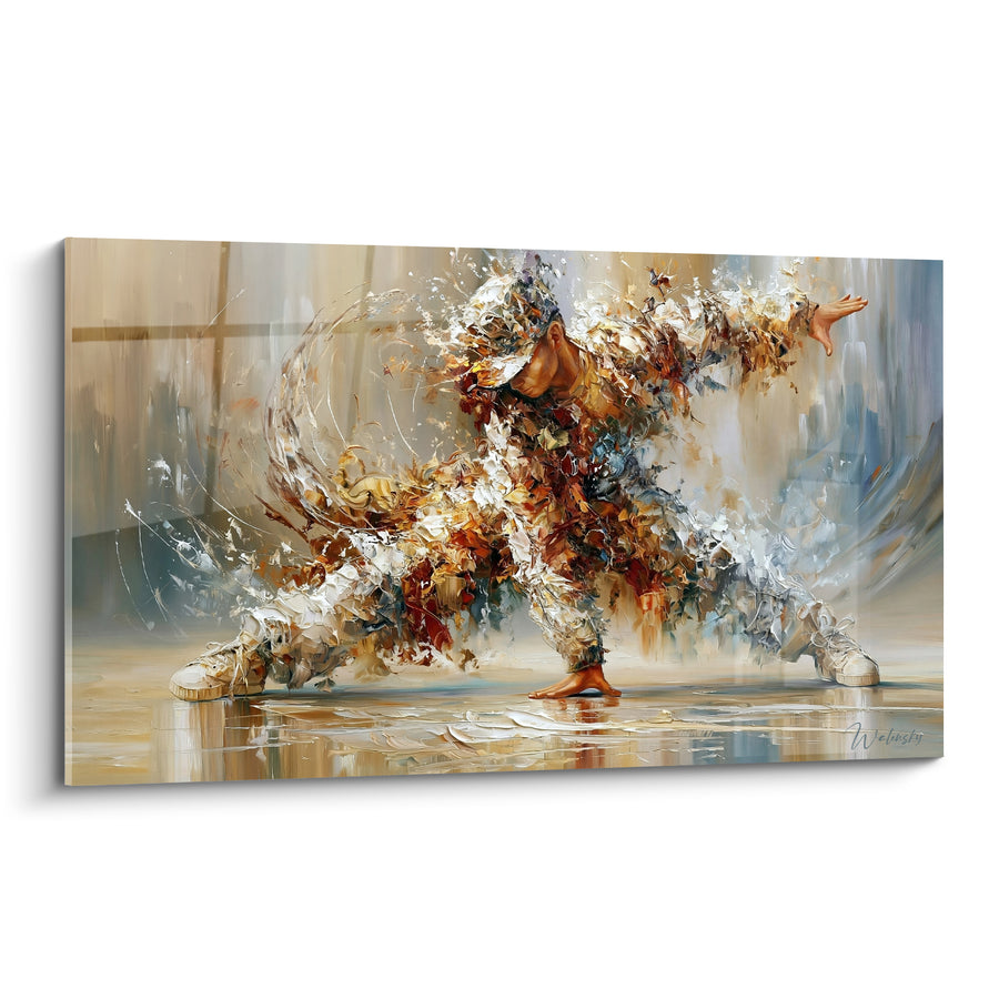 Tableau Danseur blanc et ocre en fente écartée - Reflet doré au sol - Edition Breakdance