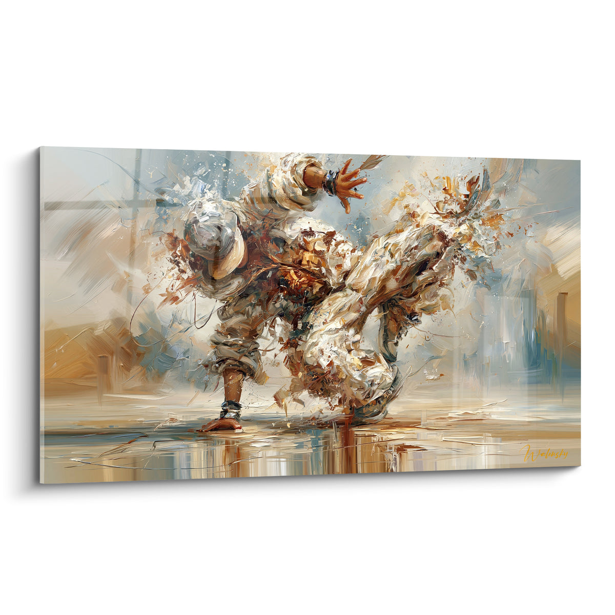 Danseur breakdance renversé en beige et ocre, mouvement éclaté sur fond bleu pastel abstrait