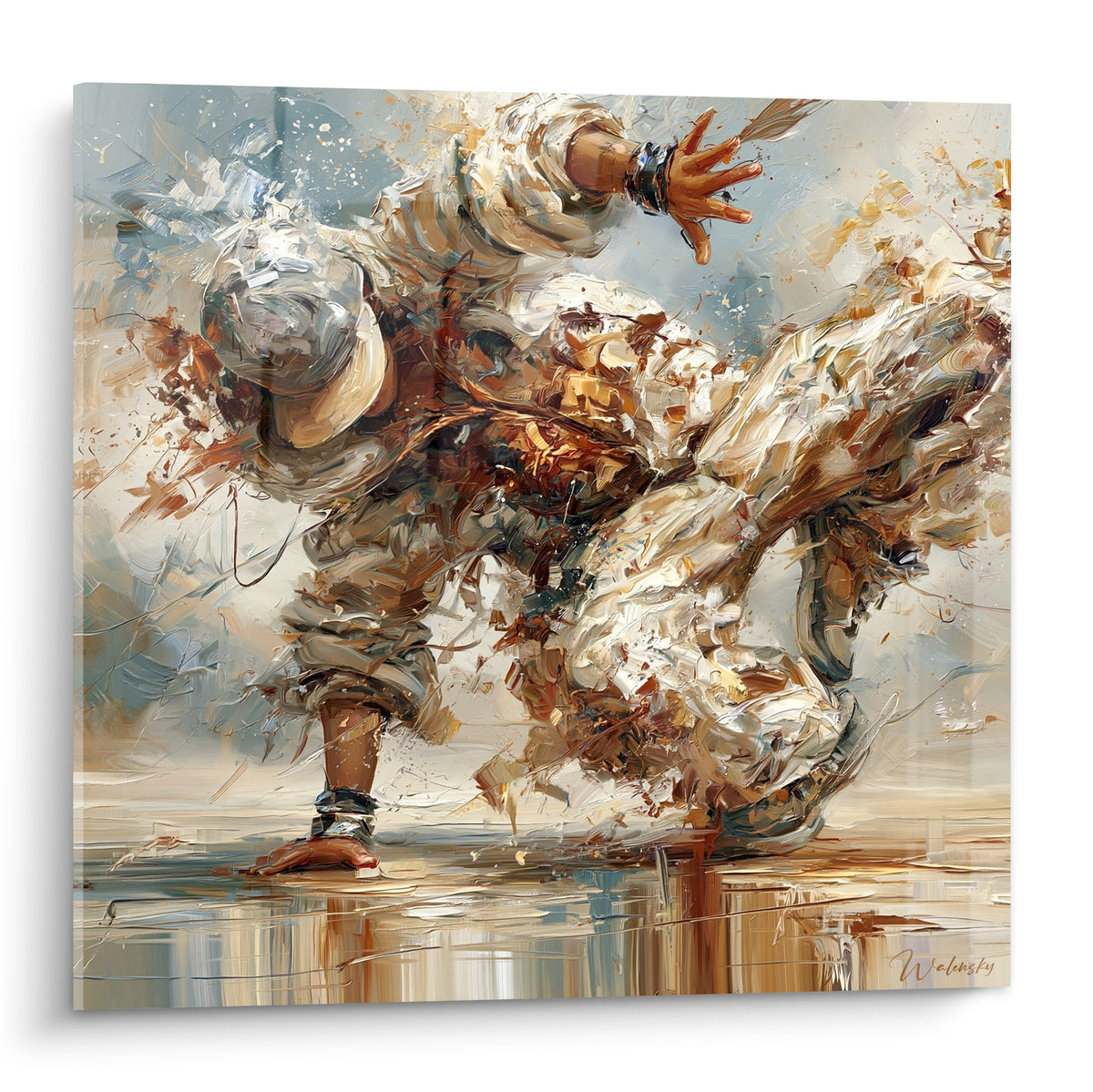 Danseur en rotation beige et ocre saisi au sol, touches picturales éclatées et fond bleu gris