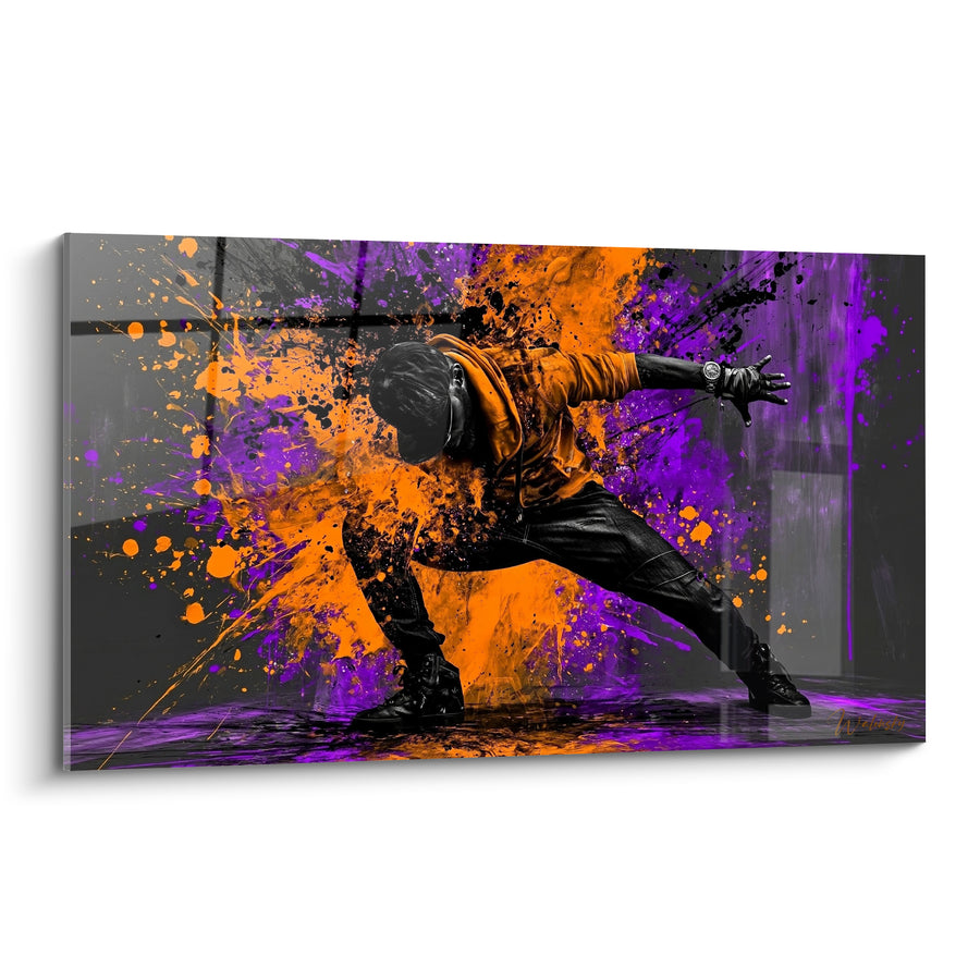 Tableau Danseur orange et violet montre au poignet - Mur en briques sombres - Edition Breakdance