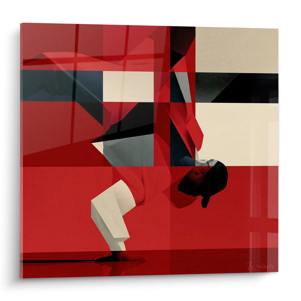 Tableau Danseur en appui tête rouge et crème - Suspension acrobatique - Edition Breakdance