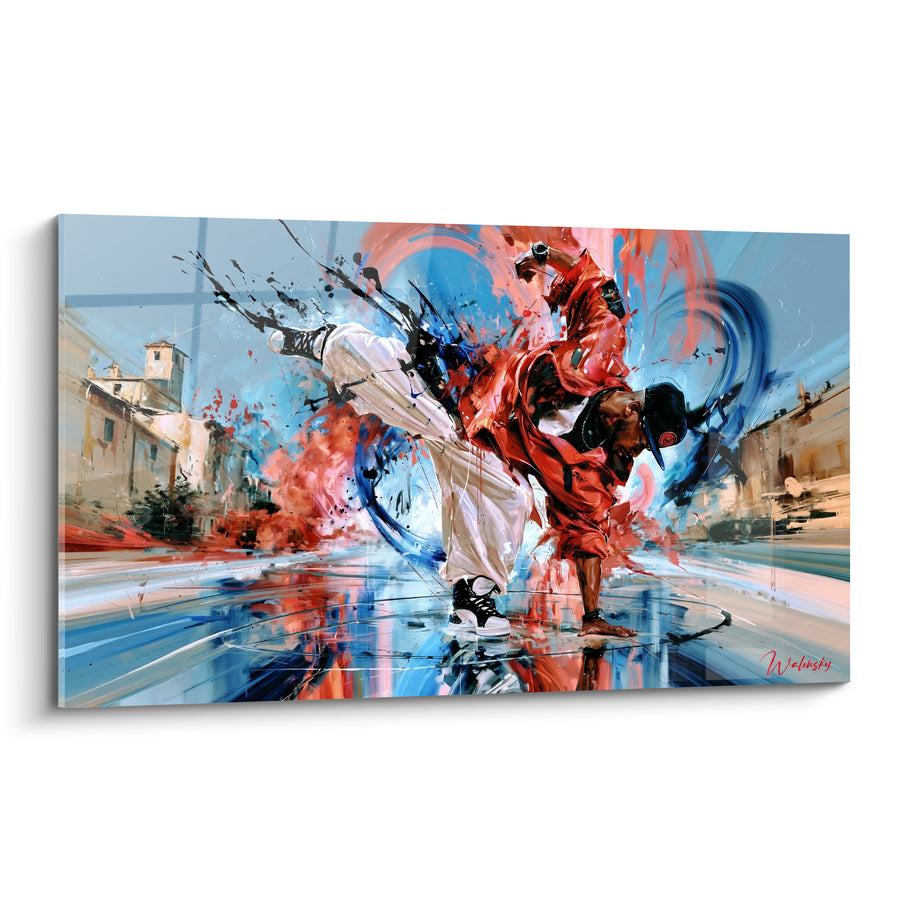 Tableau Danseur rouge et blanc au village ancien - Sol réfléchissant en cercle - Edition Breakdance