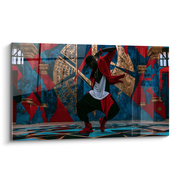 Tableau Danseur bleu et rouge devant colonnes dorées - Écharpe rouge nouée - Edition Breakdance