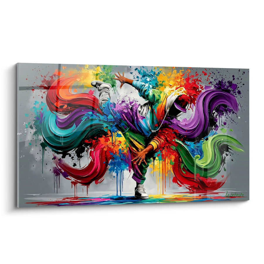 Tableau Danseur violet et turquoise en volutes de peinture - Fond gris uni - Edition Breakdance