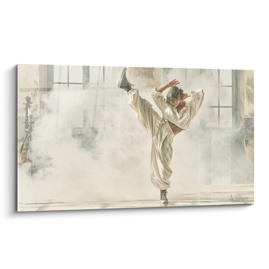 Tableau Danseuse blanche et noire jambe verticale dans la brume - Fenêtres d'atelier embuées - Edition Breakdance