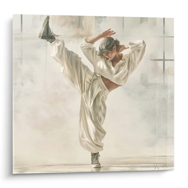 Tableau Danseuse en tenue blanche jambe levée - Équilibre suspendu - Edition Breakdance