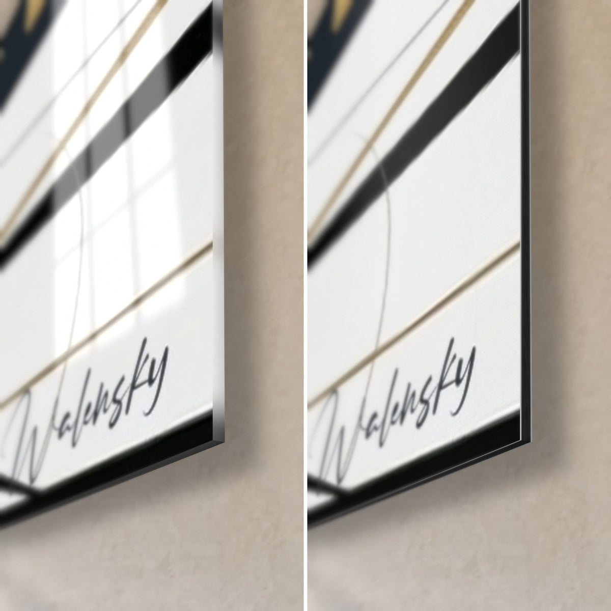 Obraz breakdancer z sygnaturą Walensky, błyszczący szklany róg z refleksami i matowe czarne aluminium Dibond, grubość 3 mm