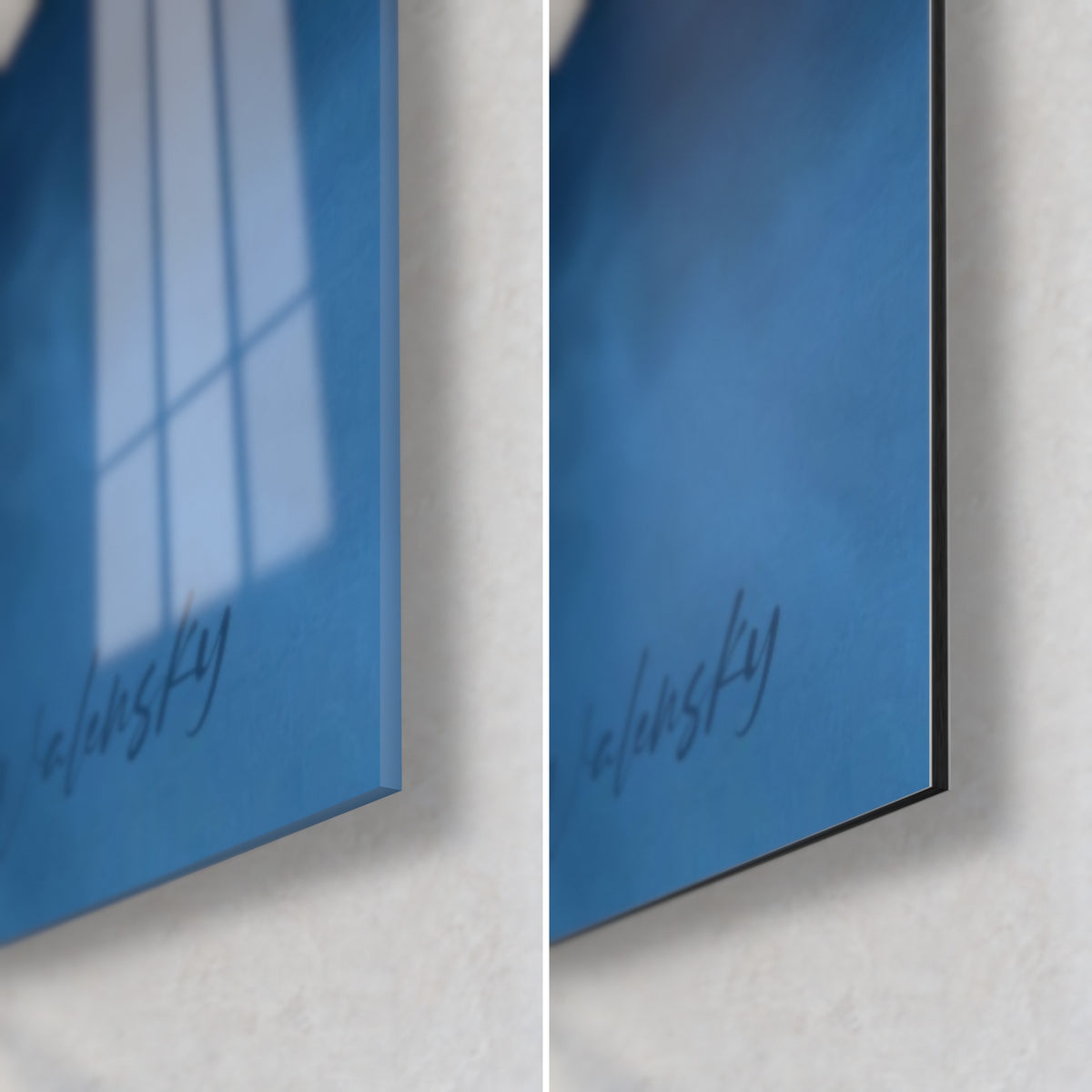 Tableau b-boy en suspension, coin bas droit : verre acrylique brillant bleu à gauche, alu Dibond mat à droite, tranche 3 mm