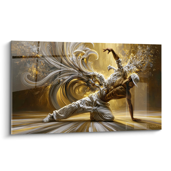 Tableau Danseur doré aux volutes blanches - Souffle du mouvement - Edition Breakdance