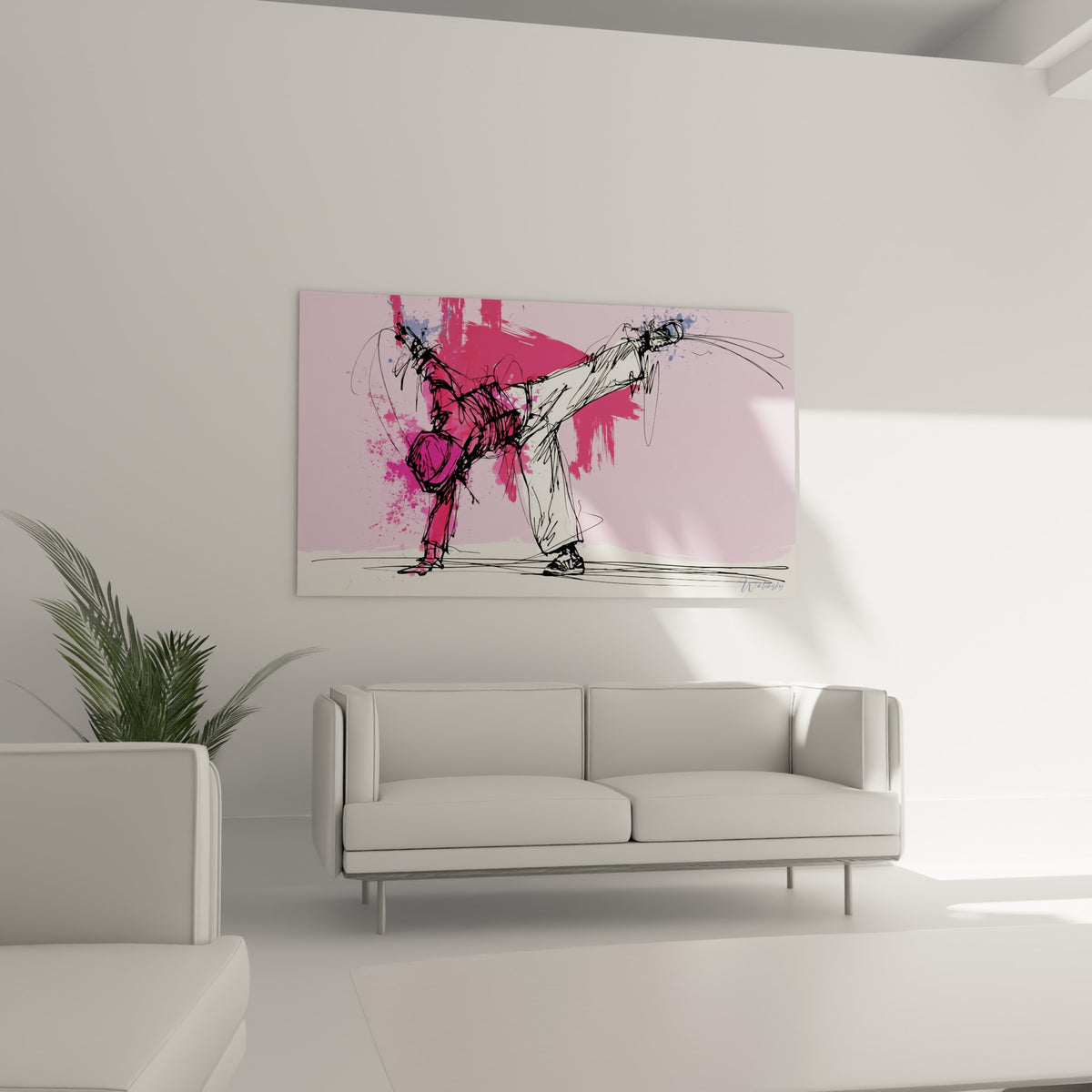 Figure de breakdance au trait dynamique et éclaboussures roses, au-dessus d'un canapé dans un salon lumineux