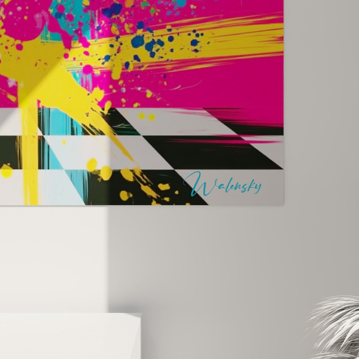 Éclaboussures de peinture turquoise et jaune se mêlant au rose fuchsia sur cette œuvre breakdance